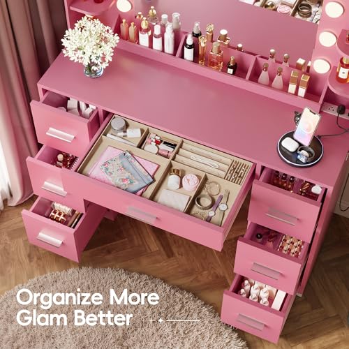 Image of Furmax Vanity Desk with Hollywood Style Mirror with LED Lights, Makeup Table Vanity with 2 AC Outlets and1 USB＆1 Type-C Port, Adjustable Lighting, Modern Ample Storage Drawers Dressing Table (Pink)