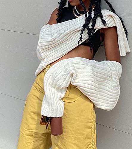 Cioatin Women’s Puff Long Sleeve Rib Knit Bolero Shrug Crop Cardigan Y2K Open Front Drop Shoulder Sweater Pullover White #TOP4