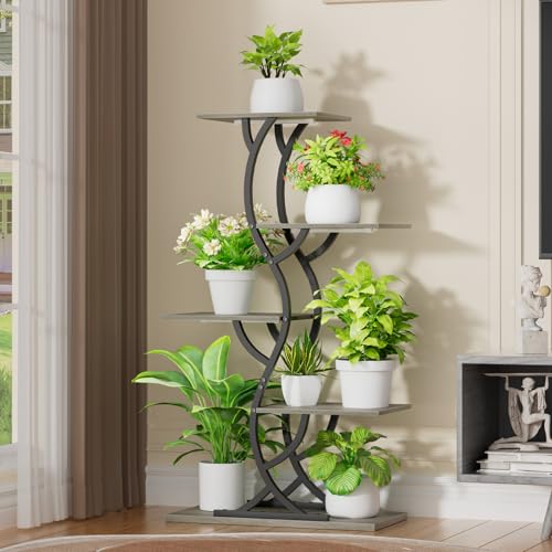 Image of Plant Stand Indoor with Grow Lights - 5 Tiered Corner Plant Shelves (Gray) | 44 inch Tall Metal Plant Shelf, S-Shape Lighted Flower Holder Dispaly Rack for Living Room, Home, Patio, Balcony