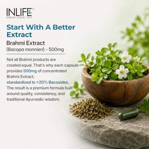 Image of INLIFE Brahmi Capsules 500mg, Bacopa Monnieri Bacosides >20%, Ayurvedic Nootropic Support for Memory & Focus, 60 Veg Capsules (Pack of 2)