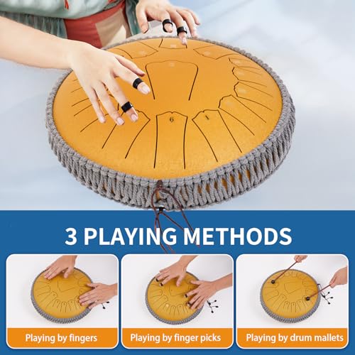 Rain Drum for Outside Garden, 13 Inches 15 Notes Rain Chime Steel Tongue Chakra Drum Gold, Hand Pan Musical Instrument Gift with Bag for Adult Kids, Mallets for Meditation Yoga - Image 4