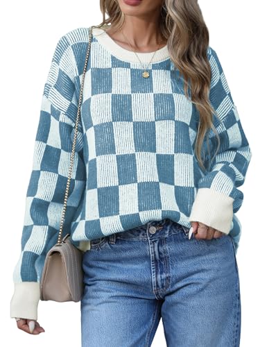 Women's Winter Oversized Sweaters Checkered Crewneck Color Block Batwing Long Sleeve Ribbed Knit Side Slit Pullover
