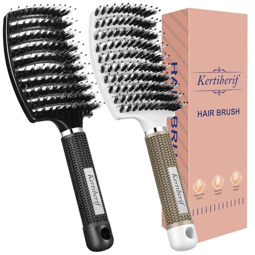 Kertiberif Boar Bristle Hair Brush 2PCS, Curved Vented Detangling Brush for Wet and Dry Hair, Styling Paddle Hairbrush for Women Men Kids Curly Straight Thick Long or Short Hair