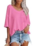 Zeagoo Women's Short Sleeve Shirts Waffle Knit Loose Tunic Tops Causual V Neck Blouses Pink Medium