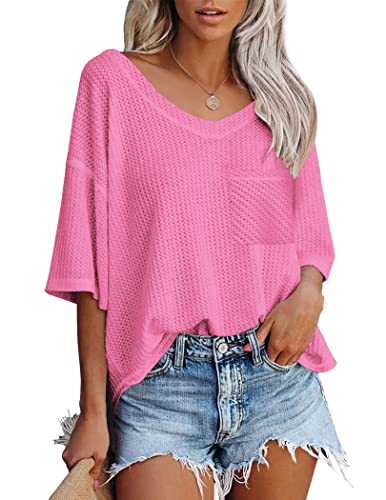 Zeagoo Women's Short Sleeve Shirts Waffle Knit Loose Tunic Tops Causual V Neck Blouses Pink Medium #TOP13