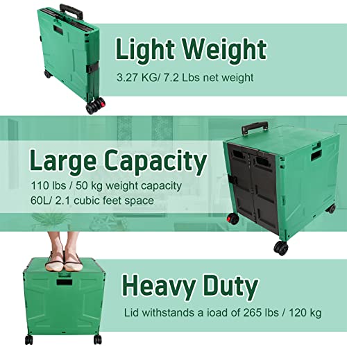 Image of FELICON Folding Utility Cart Rolling Crate Handcart with Durable Heavy Duty Plastic Telescoping Handle Collapsible Hidden Lid 4 Rotate Wheels for Travel Shop Move Office Teacher Use(Dark Green&Black)