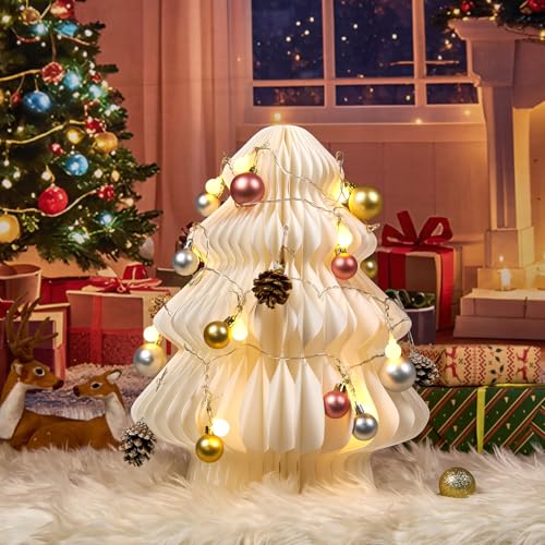 SUNBEAUTY 42cm Papier Weihnachtsbaum Lampe Deko Weiß 3D Waben...