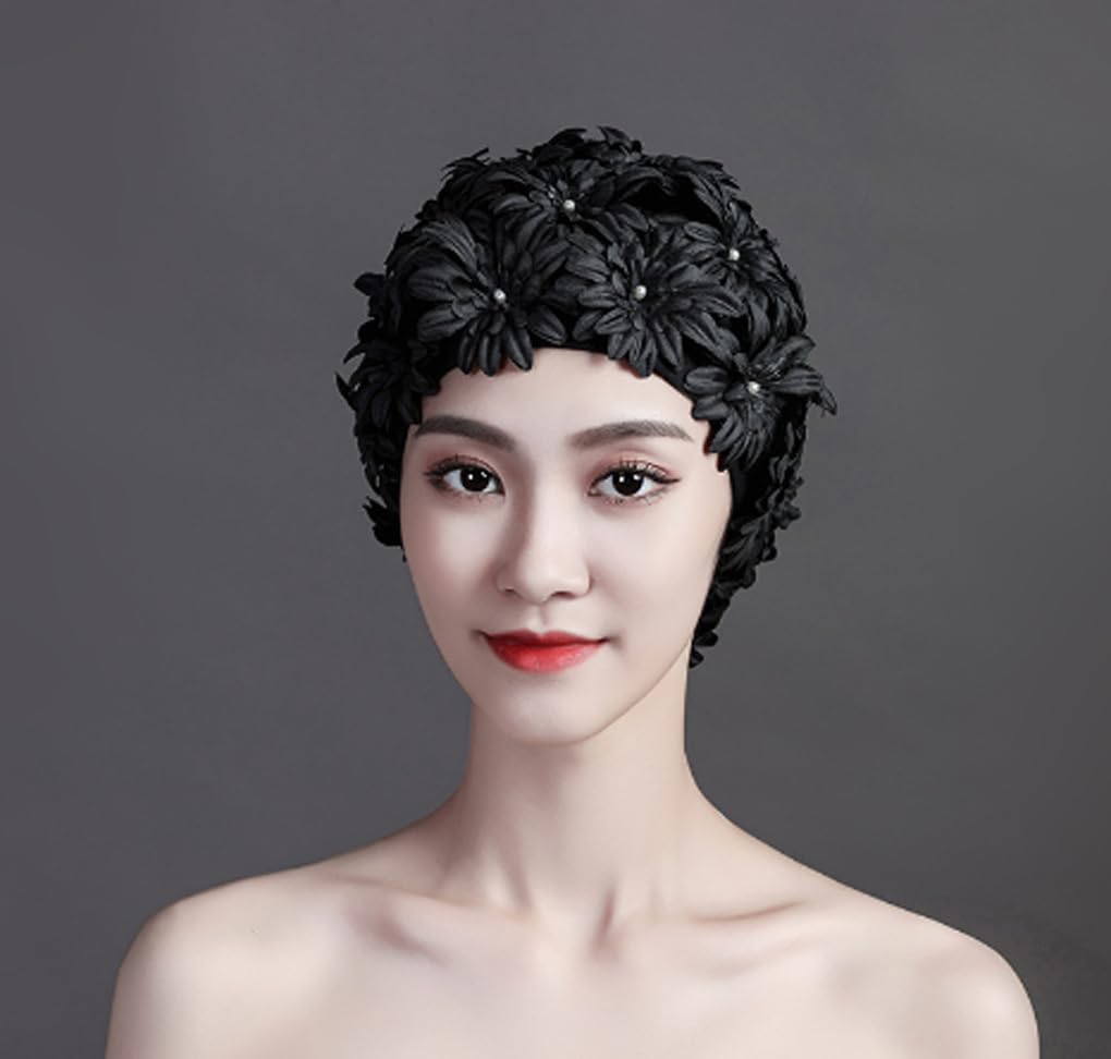 Women's Swan Style Elegant Floral Swimming Cap Pastel Bathing Cap High Elastic Short Long Hair Bath Hat, Black