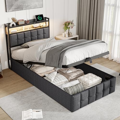BestAlice Cama de 90 x 200 cm con espacio de almacenamiento, cama acolchada con LED, cama de almacenamiento con cabecero abierto, cama para adolescentes, cama hidráulica para adultos, lino, gris
