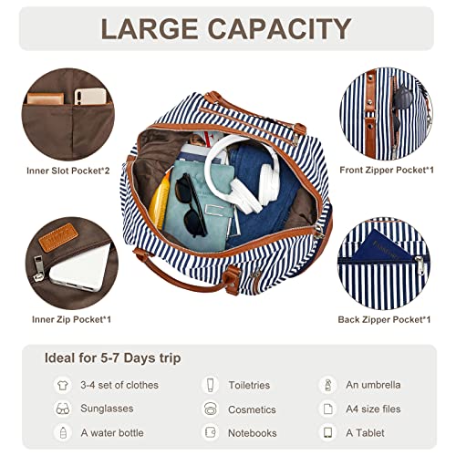 Image of S-ZONE Women Travel Duffel Weekender Carryon Shoulder Tote Bag Canvas PU Leather, B-Blue Stripe, Large, Fashion