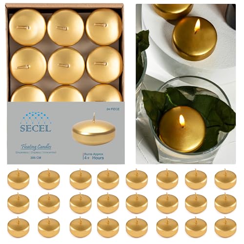 SECEL Pack of 24 Floating Candles 2 Inch 4+Hours Paraffin Wax%100 Cotton Wick Dripless & Smokeless Home Decor, Wedding Decorations, Valentine Decors, Birthday Dinners, Celebrations