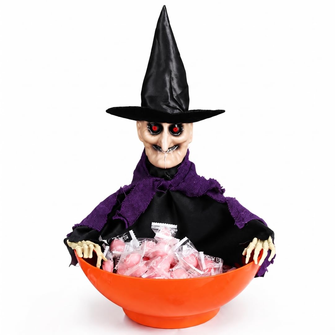 Wedhapy Scary Halloween Candy Bowl - Animated Skeleton Candy Bowl With Sound, Glowing Eyes & Moving Head