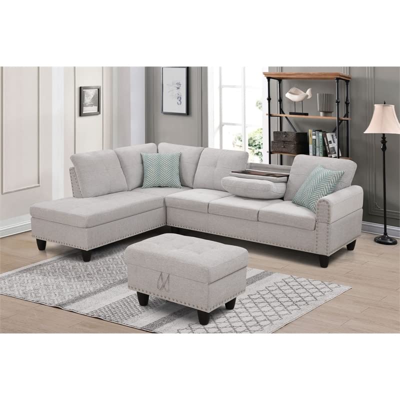 Devion Furniture Polyester Fabric Sectional Sofa with Ottoman-Light Gray (Box 3 of 3 ONLY)