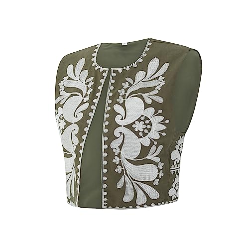 Image of Women Vintage Floral Embroidered Vest Y2K Sleeveless Open Front Cardigan Boho Linen Cropped Waistcoat