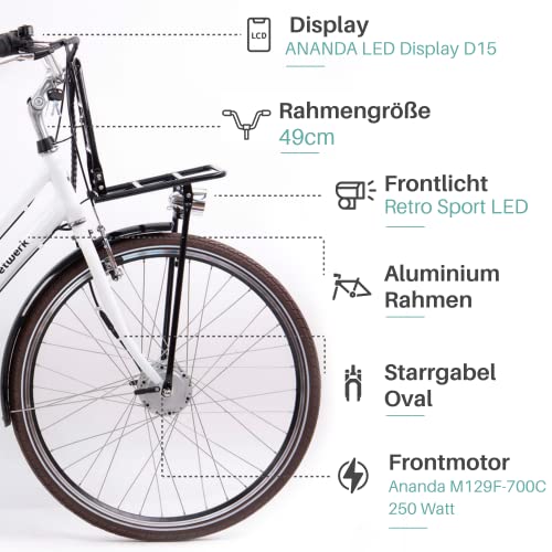 TRETWERK Sophia Elektrische fiets, retro e-bike voor dames en heren, met terugtraprem, E-bike 28 inch met led-display, e… - Afbeelding 3