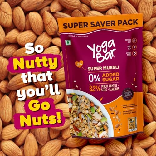Image of Yogabar Super Muesli, No Added or Hidden Sugar, Breakfast Muesli with Probiotics & Prebiotics, 82% Whole Grains+ Seeds+ Almonds, 400gm Each