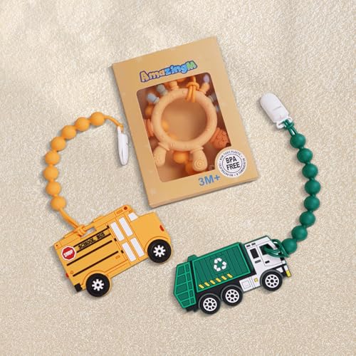 Image of Baby Food Grade Silicone Carrier Vehicle Teether Toy with Pacifier Clip Holder,Teething Toys Gift Set for 3 Months+ Boys and Girls,Freezer Safe,BPA Free.(Garbage Truck)