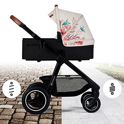 Kinderkraft EVERYDAY Kinderwagen 2 in 1 Komplettset bis 27 kg, XL-Babywanne mit Matratze, wasserfesten Material mit UPF50+, 4-Reifen Federung, Wickeltasche Fußsack Adapter im set, Bird Muster