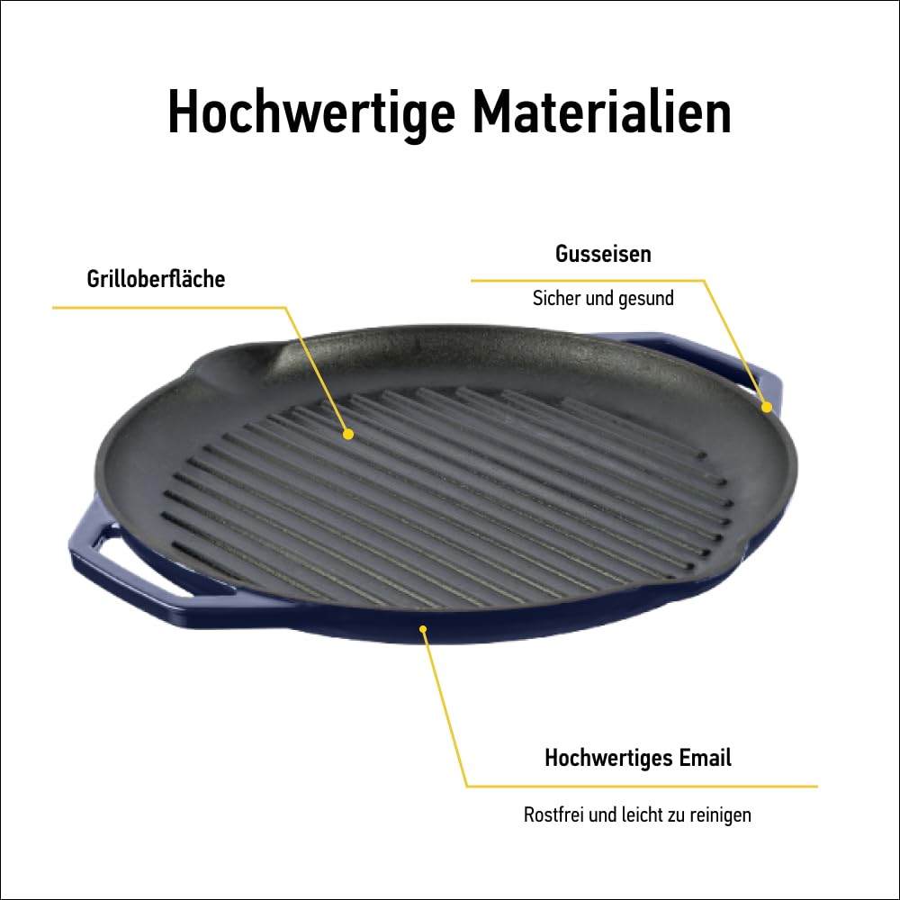 Gusseisen Grillpfanne mit geformten Griffen - Klassisch, Rund Steakpfanne Geeignet für alle Herdarten, Gasherde, Backöfen, Gasgrill - Grill pfanne Ø34cm, Blau