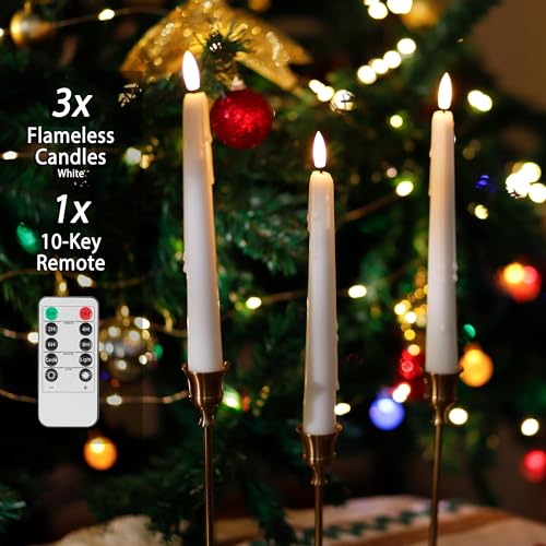 Image of Flameless Taper Candles with Rmote, 9.6 inch Dripless Battery Operated Candles, 3 Pack Real Wax Led Flickering Candlesticks with 3D Flame, Fake Candle for Home, Wedding, Party, White