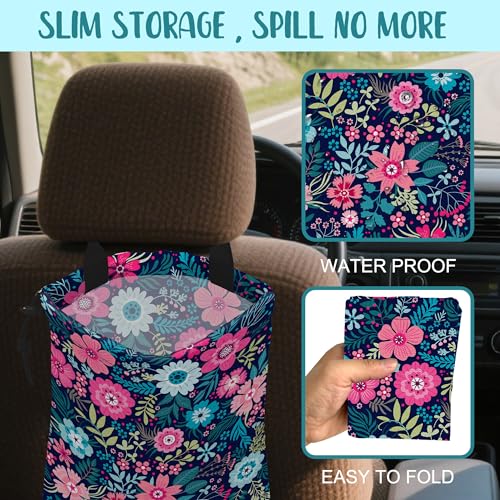 Image of Car Garbage Bag Abstract Blue Pink Flowers Hanging Canvas Car Trash Bag Waterproof Drawstring Car Back Seat Organizer for Car Back Front Seat Console with Adjustable Buckle