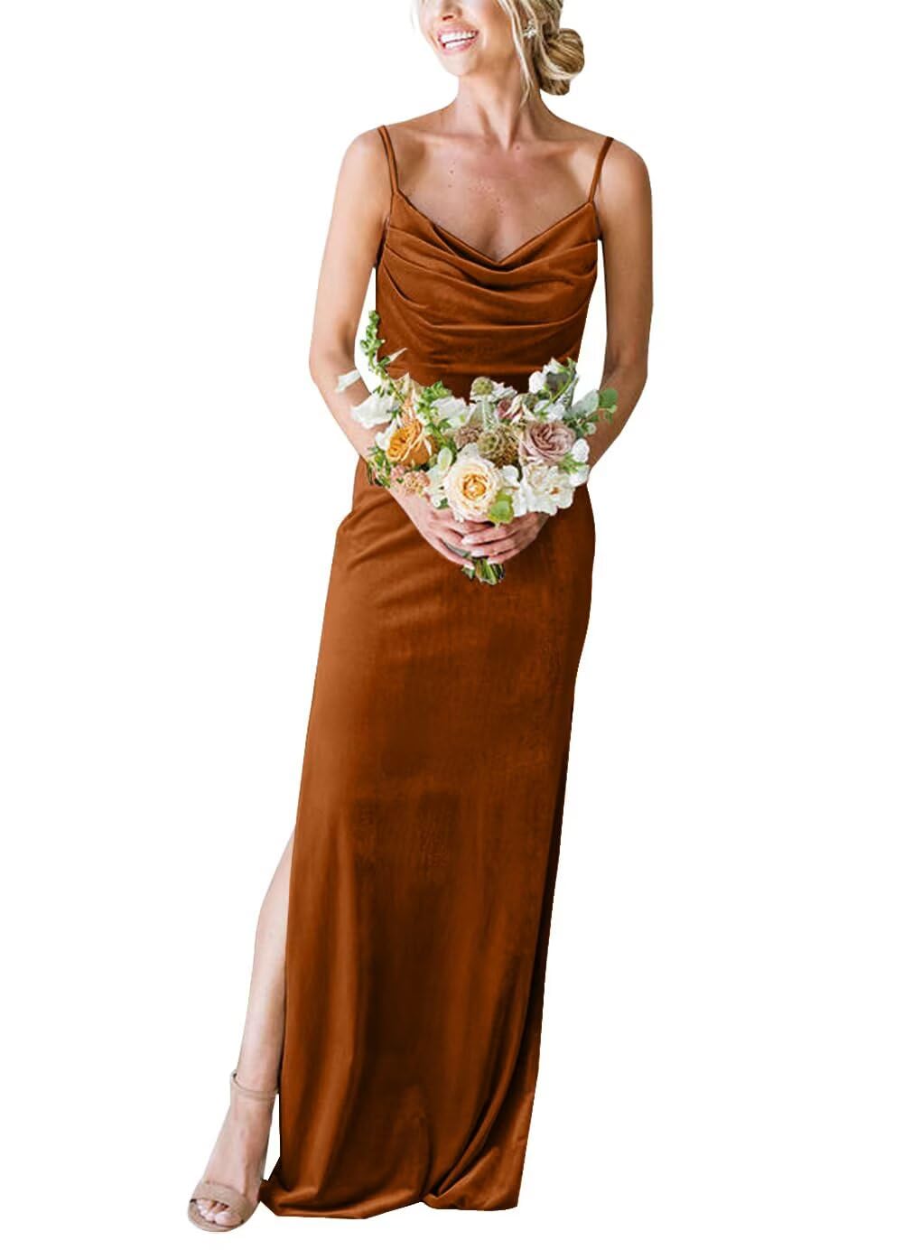 UZN Cowl Neck Velvet Bridesmaid Dresses Long for Women with Slit Spaghetti Straps Formal Party Gowns