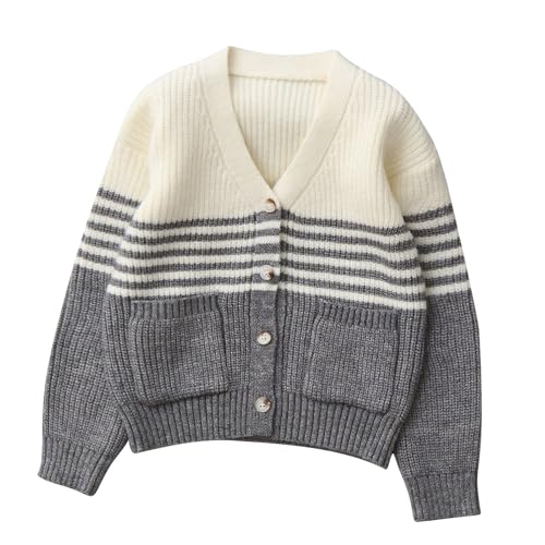 Cárdigan de punto para niños pequeños de 5 a 14 años, suéter de manga larga con botones y cuello en V a rayas, ropa de abrigo de punto para otoño, abrigos escolares, chaquetas al aire libre, A7 gris
