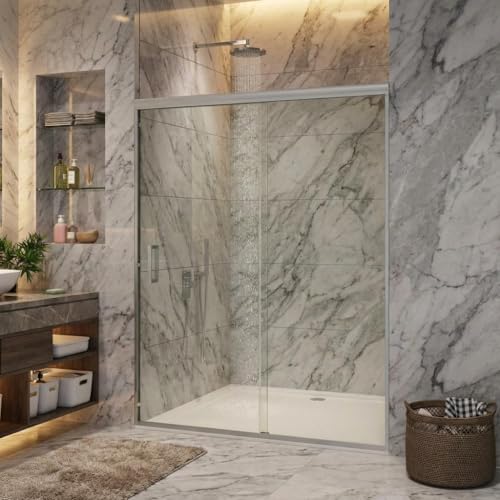 Image of Framed Sliding Shower Door, 44-48 Inches Wide x 72 Inches High, Aluminum Frame with Brushed Nickel Finish, 6mm Tempered Glass with Easy Clean Coating, Wet Dry Separation Design