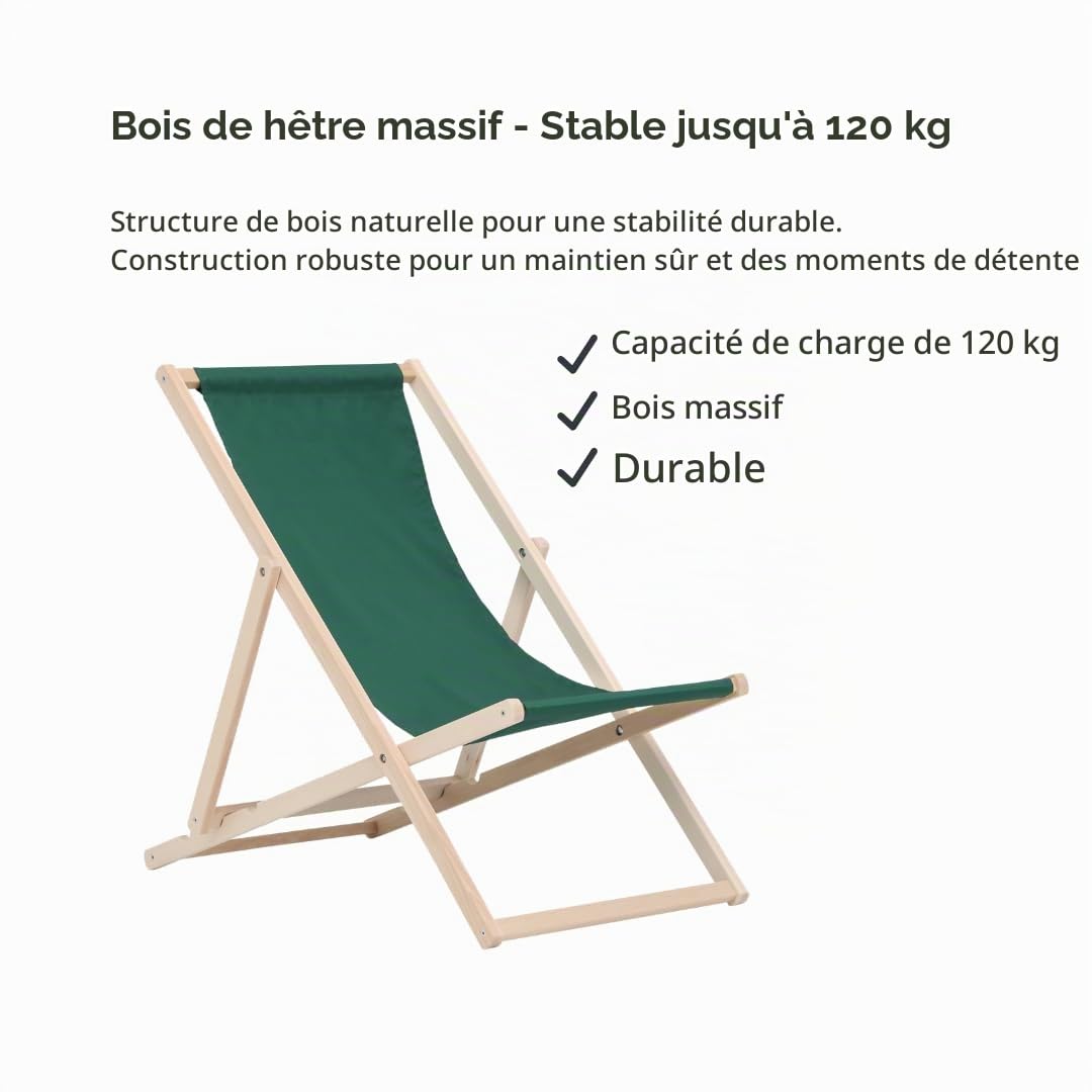 BAS Chaise Longue Pliante en Bois - Lot de 2 Transates de Plage Chaise Vert - Chilienne Pliante - Chaise Longue Jardin Relax Pliable pour Balcon, Plage, terrasse et Camping