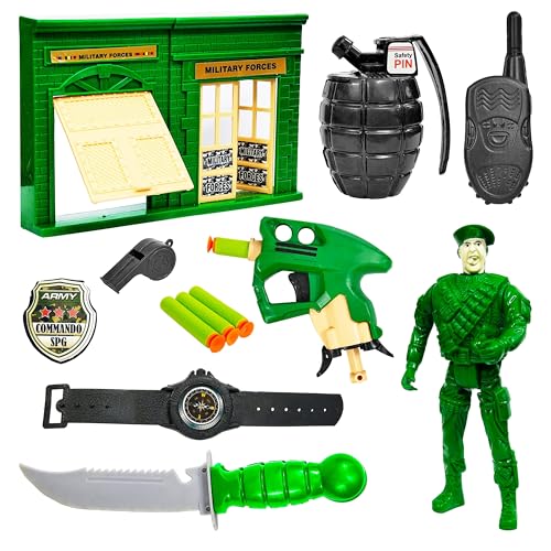 Image of VGRASSP 10 Pcs Army Toy Set for Kids - Pretend Play Soldier Kit with Action Figure, Foam Dart Gun, Military Camp & Accessories - Birthday Gift Set - Multicolor