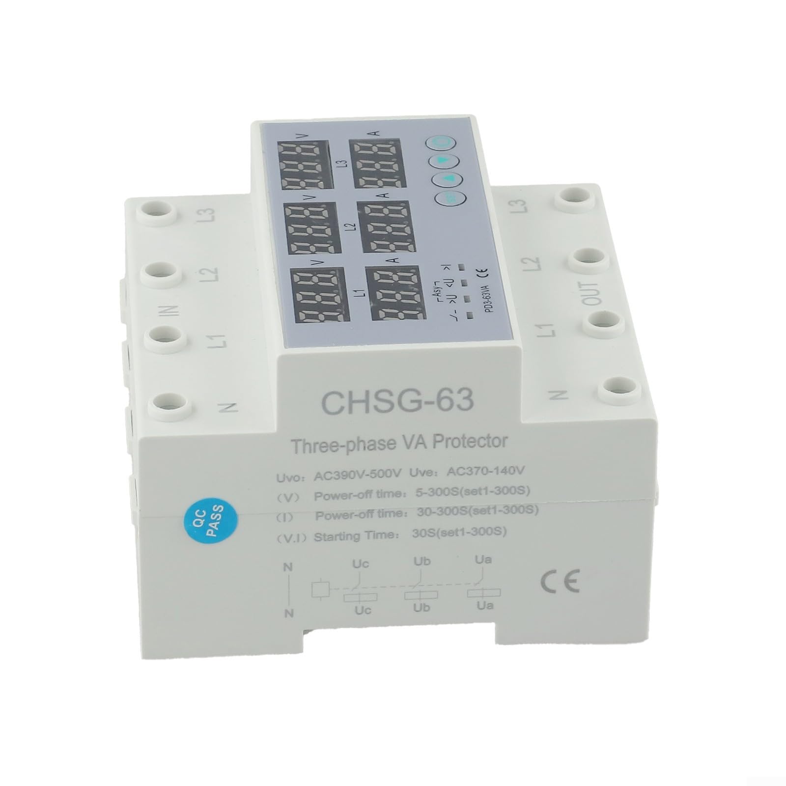 Relé digital trifásico de sobretensión y bajo voltaje con limitador de corriente, interruptor de protección ajustable para 380 V/220 V, fusible de riel DIN 63 A con pantalla LCD para industria y