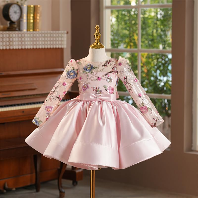 Pink Embroidered Lace Flower Girl Dress Long Sleeve Toddler Knee Length Birthday Formal Dance Wedding Gowns2