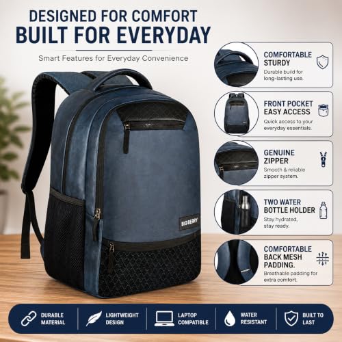 Image of BIGBERRY Newage Classic | Faux Leather Laptop Backpack for Men & Women | 28L Water Resistant Leatherite Bag with Multiple Compartments & Organizer | Travel, Office, College & Casual Backpack, Black