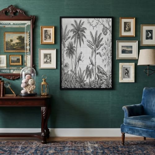 Lienzo pared decorativo de palmeras en gris carbón que aporta elegancia sin marco a tu cocina