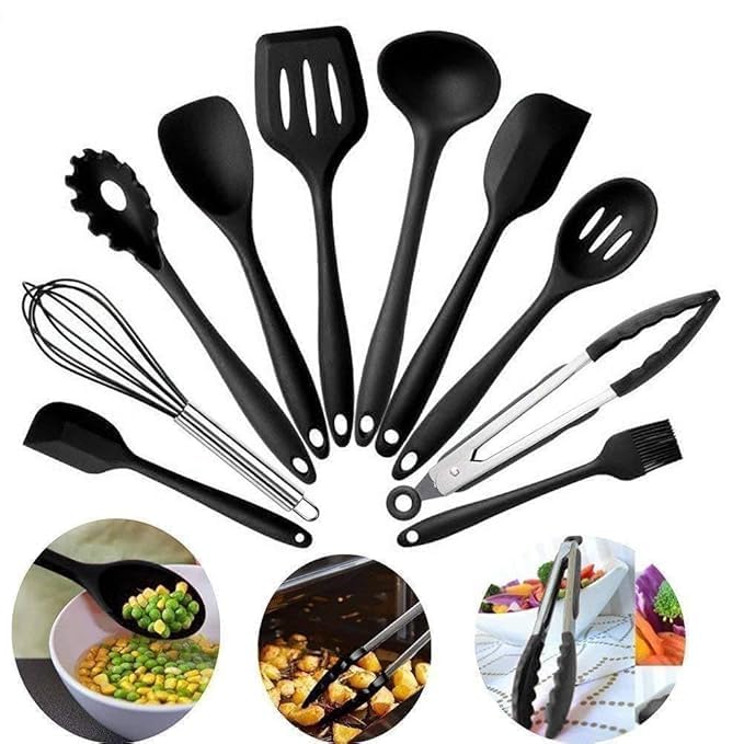 Image of Silicone Kitchen Utensil Set with Wooden Handles, 12 Piece Cooking Spoon Set with Holder, Dark Grey