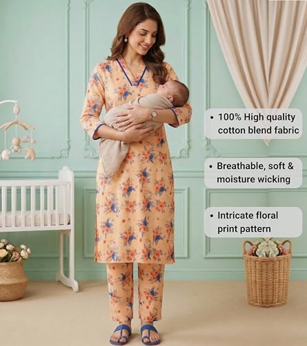 Image of DUMMY SHAPE Maternity Dresses for Women Cotton | Floral Kurta Pant Dupatta Set with Nursing Zippers, Side Pocket | Pre & Post Pregnancy | Feeding Kurti Suit | Baby Shower | Gifts for Pregnant Woman