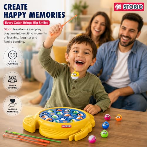 Image of Storio Premium Electronic Fishing Game for Kids | Rotating Fish Catching Toy with 15 Fish & 4 Magnetic Rods | Fun Interactive Board Game for Boys & Girls
