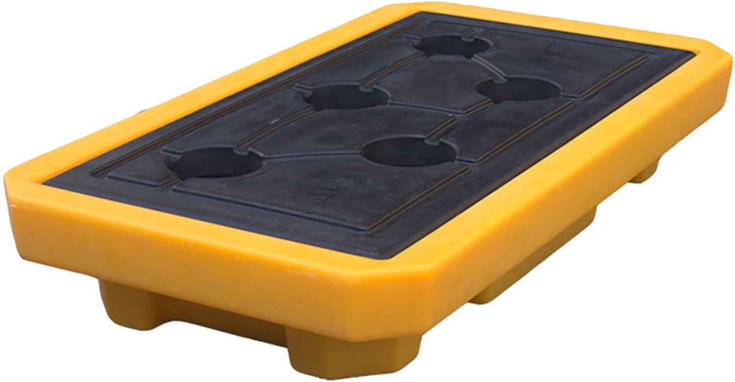 Oil Tank Spill Tray,Containment Pallet,Yellow and Black Polyethylene Platform,Spill Containment Pallet with Flat Grating/Drain Outlet,Stackable Modular Pallet,67.5x37.5x12CM