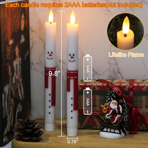 Image of Christmas Flameless Taper Candles with Remote Timer, 2 Pcs Snowman with Scarf LED Candlesticks with 3D Flickering Flame for Home Decor Christmas Gifts