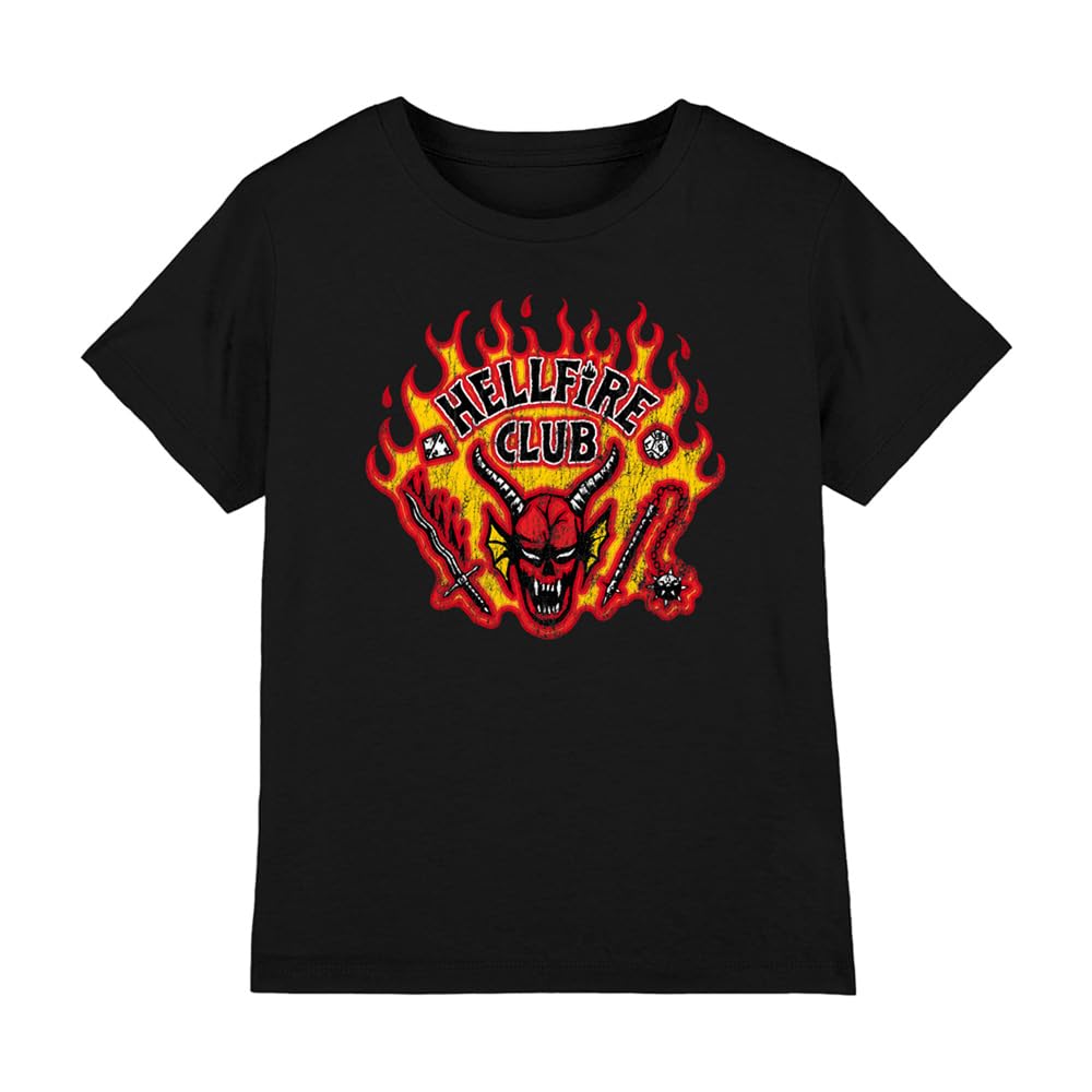 Stranger Things Unisex Kinder Stranger Things Hellfire Flames Kids T Shirt, Black T-Shirt (1er Pack)
