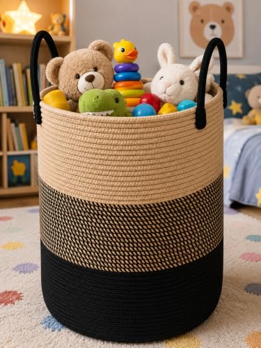 Image of Large Laundry Basket - Rope Hamper for Dirty Clothes, Towels, Toys, Blanket, Pillows in Living Room, Bedroom and Laundry Room (Size - 14 inch x 14 inch x 18 inch) (Beige Black Mix)