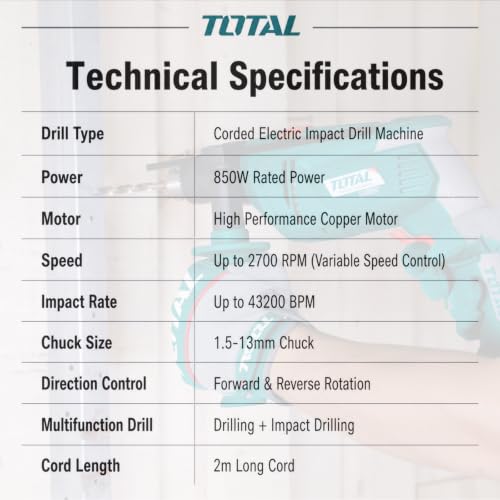 Image of TOTAL 850W Impact Drill Machine, 13mm Chuck, Variable Speed 0-2700RPM, Hammer & Drill Function, Forward /Reverse Switch, Lock-On Button, Electric Drill for Concrete, Wood & Metal