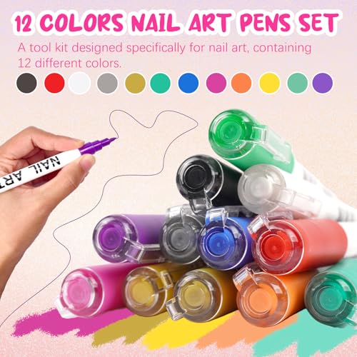 Image of 12 Color Nail Art Pens for Painting Nails, 0.7 MM Nail Polish Pens Drawing Point Liner Acrylic Painted Pen Kit, Waterproof Quick-drying for DIY Nails Art Design Manicure Tools