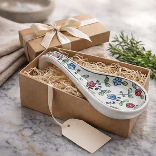 Image of Handcrafted Floral Ceramic Spoon Rest, Kitchen Counter Spoon Holder for Cooking Utensils, Ladle & Spatula Rest, Heat Resistant Kitchen Accessory | Spoon Rest for Kitchen & Dining