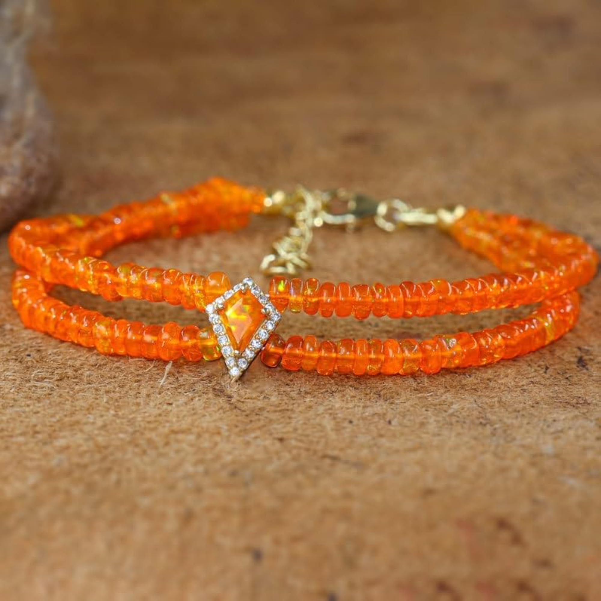 Unisex Orange Fire Ethiopian Opal Rondelle Beaded Bracelet, Adjustable Link