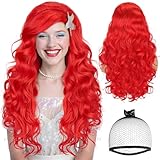 ANOGOL Hair Cap+ Bright Red Wig Women Girls Mermaid Wig Princess Long Red Curly Wigs Anime Cosplay Synthetic Hair Bright Color Wigs Halloween Party Costume
