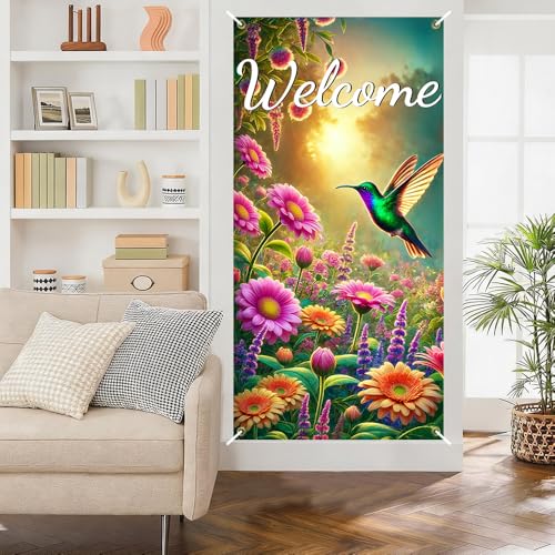 Image of Welcome Hummingbird Door Cover 35x71in Floral Garden