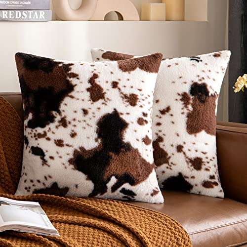 Woaboy Pack of 2 Luxury Faux Fur Cowhide Throw Pillow Covers 16x16 Inch