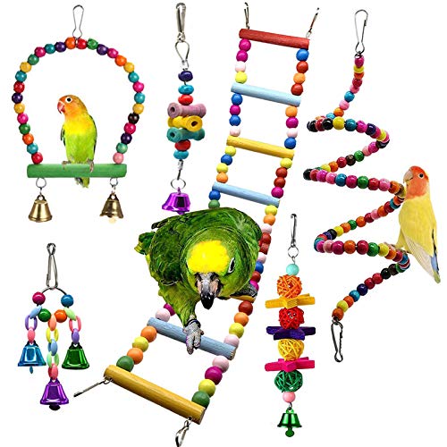 Chikanb Lot de 6 Jouet d’Oiseaux en Bois, Coloré Jouets à Mâcher, Perroquet Molaires Chaîne, Naturel Bois Balançoire, Jouet à mâcher Animal pour Perruches, Calopsittes, Perruches et Oiseaux