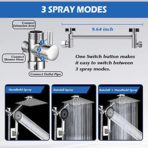 Image of Shower Head,8 inchRain Shower Head with Handheld Spray Combo with 11'' Angle Adjustable Extension Arm /Flow Regulator /Shower System,High Pressure Rainfall Shower Head Bathroom,Chrome